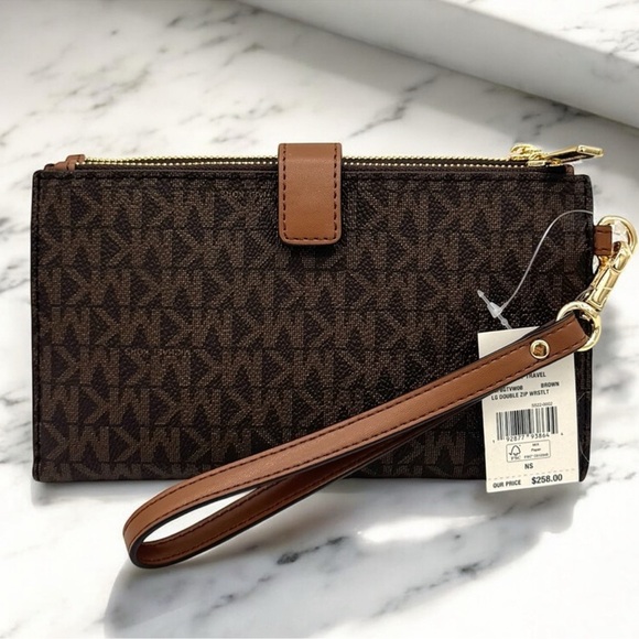 Michael Kors Large Jet Set Travel Double Zip Wallet Brown Signature - Picture 5 of 8